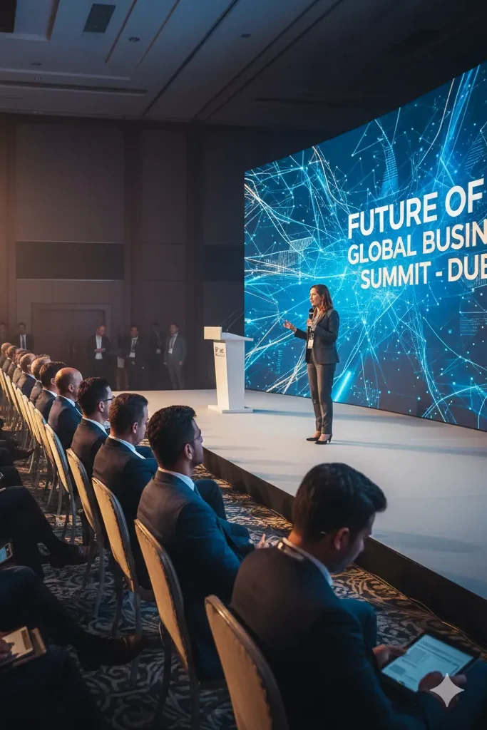 Business conference in Dubai with diverse professionals listening to keynote speaker on stage