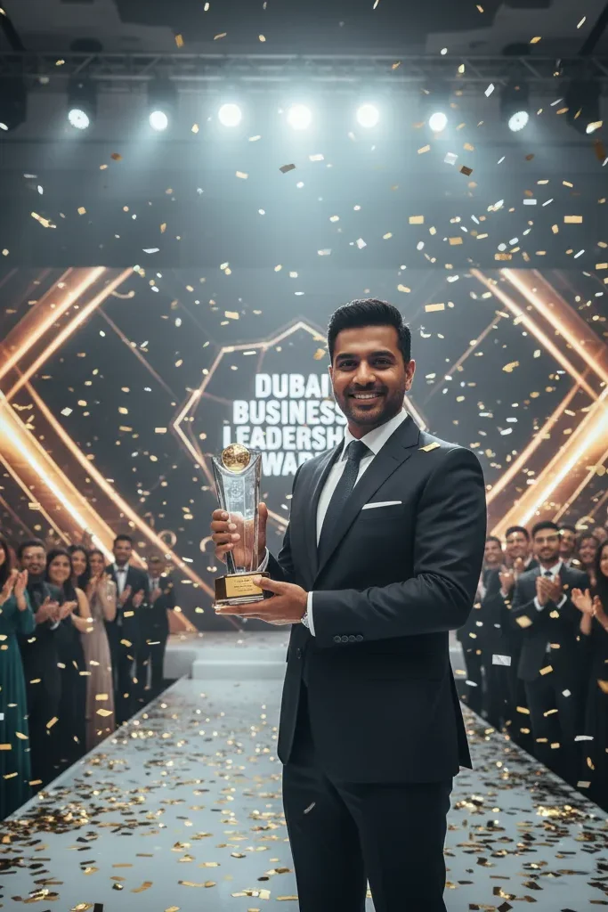 Business profsessional receiving glass trophy on stage at Dubai award ceremony with confetti and applause