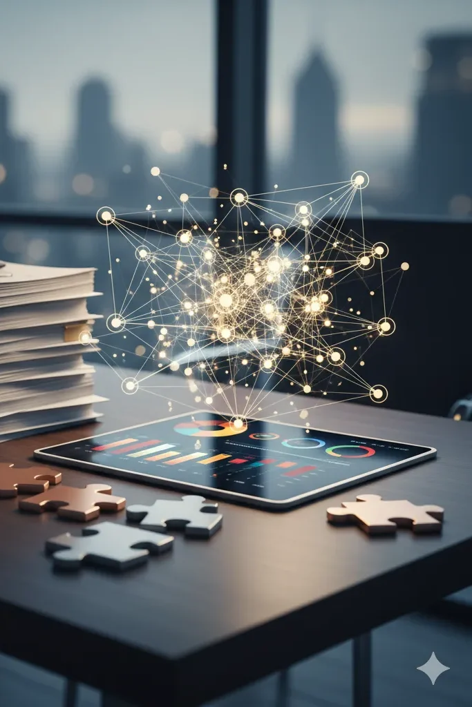 Desk with investment reports, tablet showing growth charts, and glowing digital connections, no people