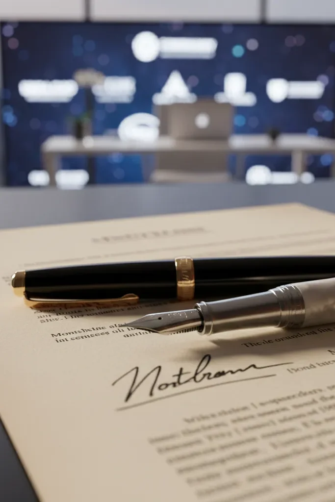 Sponsorship agreement document with fountain pens on modern desk, blurred logos in background
